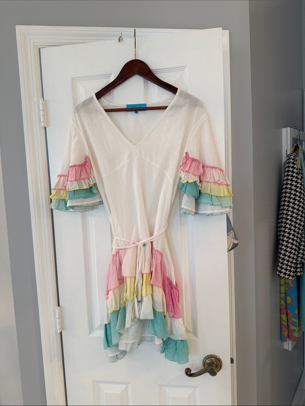 Pitusa White Swim Coverup with Pink, Yellow, and Teal Ruffle Accents